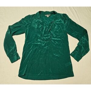 Tegan Silk Blouse Womens 0 Emerald Green Pleated V-Neck Long Sleeve Top Luxury